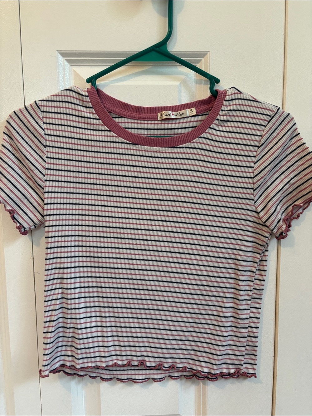 Heart & Hips Striped Ribbed Crop Tee in Mauve, White, and Black